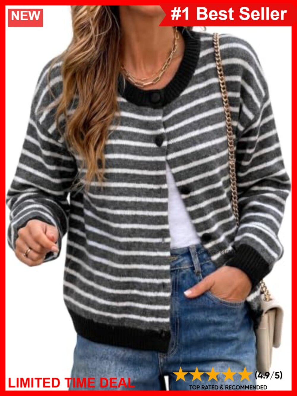 Striped Cardigan Sweater Button Down Crewneck Knitwear Loose Fit
